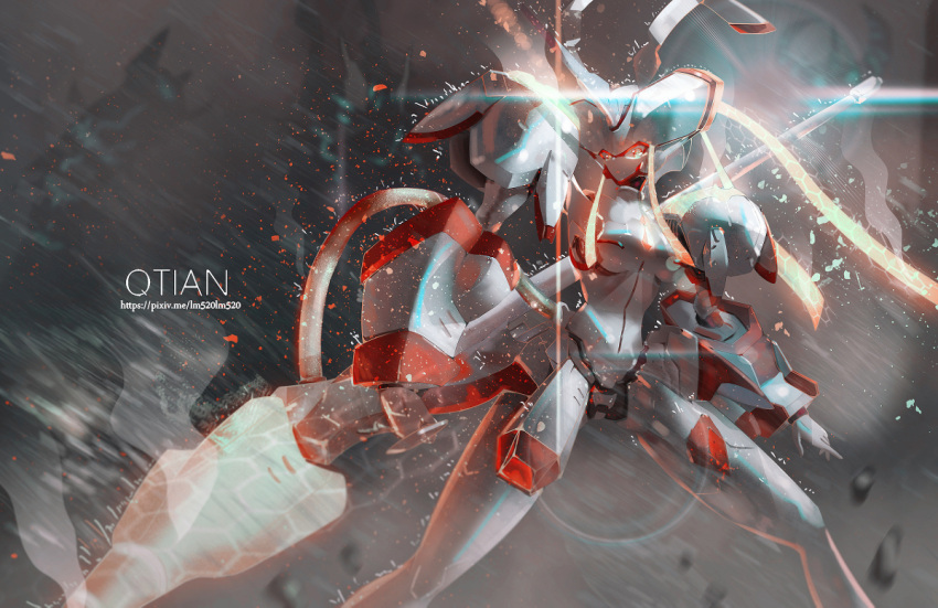 artist_name breasts darling_in_the_franxx holding holding_weapon large_breasts lm520lm520 mecha outdoors snowing standing strelizia watermark weapon web_address