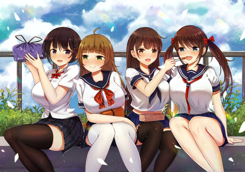 4girls :d ahoge bangs bench black_legwear blue_eyes blue_sky blunt_bangs blush breasts brown_eyes brown_hair commentary_request day eyebrows_visible_through_hair feeding fou_zi hair_between_eyes highres huge_breasts large_breasts leaning_forward light_brown_hair long_hair looking_at_another multiple_girls neckerchief obentou open_mouth original outdoors pleated_skirt railing sailor_collar school_uniform serafuku shirt short_hair sitting skindentation skirt sky smile symbol-shaped_pupils thigh-highs thighs twintails uniform white_legwear white_shirt wrapped_obentou