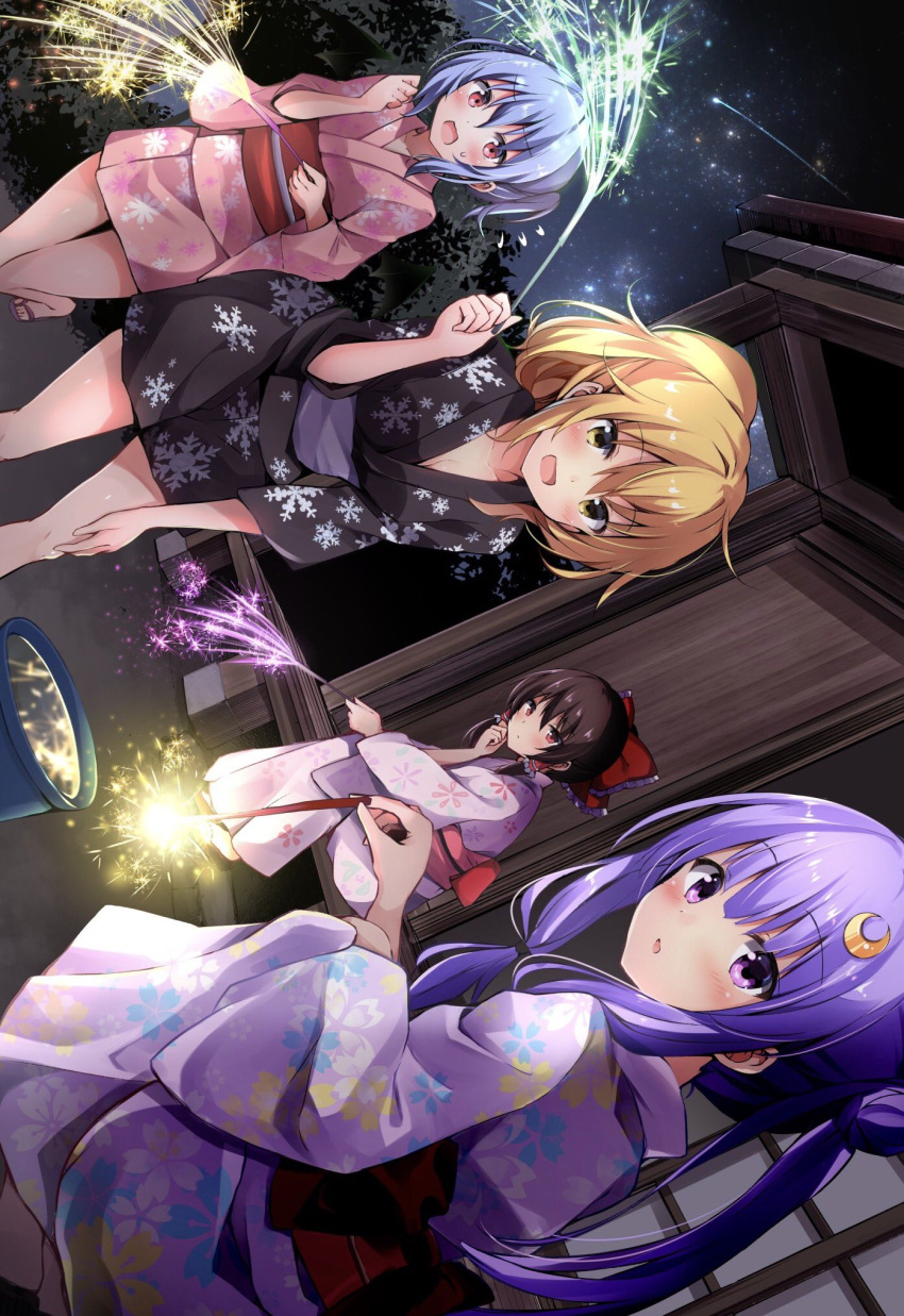 4girls alternate_hairstyle bangs black_kimono blonde_hair blue_hair blush bow breasts brown_hair bucket cleavage commentary_request crescent crescent_hair_ornament dutch_angle eyebrows_visible_through_hair feet_out_of_frame floral_print from_behind hair_between_eyes hair_bow hair_ornament hair_tubes hakurei_reimu hand_up highres holding hyurasan japanese_clothes kimono kirisame_marisa leaning_forward long_sleeves looking_at_viewer looking_back medium_breasts multiple_girls night night_sky no_hat no_headwear obi open_mouth outdoors parted_lips patchouli_knowledge pink_kimono pink_sash ponytail purple_hair purple_kimono purple_sash red_bow red_eyes red_sash remilia_scarlet rotated sandals sash shooting_star short_kimono sidelocks sitting sky smile snowflake_print standing standing_on_one_leg star_(sky) starry_sky thighs touhou violet_eyes wide_sleeves yellow_eyes