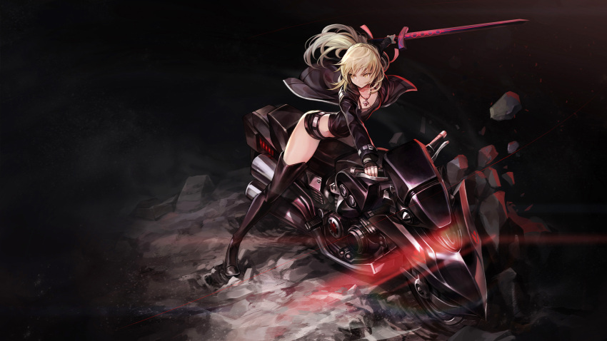 1girl artoria_pendragon_(all) black_footwear black_gloves black_legwear blonde_hair boots breasts camisole cleavage crop_top dark_excalibur fate/grand_order fate_(series) fingerless_gloves gloves goomrrat ground_vehicle highres jacket jewelry long_hair long_legs long_sleeves midriff motor_vehicle motorcycle necklace open_clothes open_jacket outstretched_arms pendant ponytail saber_alter short_shorts shorts small_breasts solo thigh-highs thigh_boots yellow_eyes