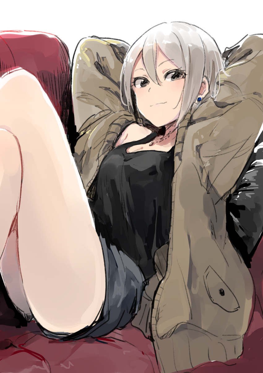 1girl bangs bare_legs black_eyes black_shirt breasts cardigan cleavage closed_mouth commentary_request couch cushion earrings eyebrows_visible_through_hair grey_shorts hair_between_eyes highres idolmaster idolmaster_cinderella_girls jewelry legs_crossed long_sleeves looking_at_viewer medium_breasts monsieur necklace shiomi_shuuko shirt shorts silver_hair simple_background sleeveless sleeveless_shirt smile solo white_background