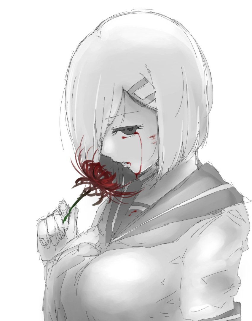 1girl anego_(natsume) blood blood_from_mouth blood_on_face bloody_clothes bloody_tears breasts commentary crying eyebrows_visible_through_hair flower greyscale hair_ornament hairclip hamakaze_(kantai_collection) highres holding holding_flower kantai_collection looking_at_viewer monochrome neckerchief parted_lips sailor_collar school_uniform serafuku short_hair short_sleeves simple_background solo spider_lily spot_color upper_body white_background