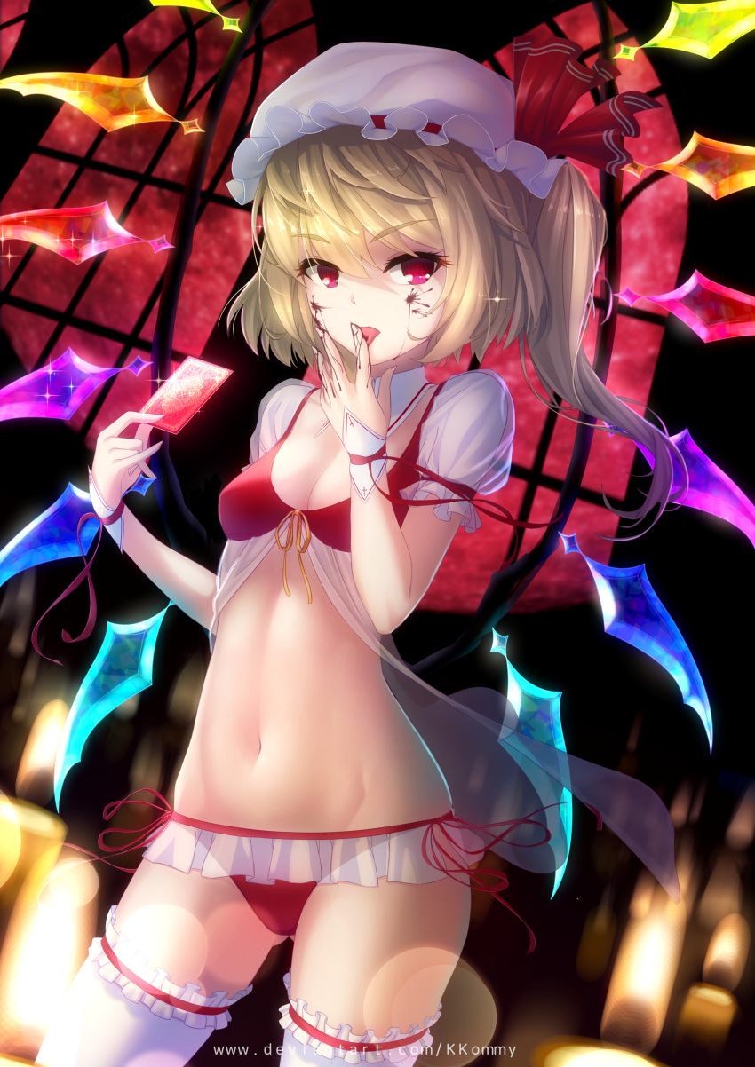 1girl absurdres bikini blonde_hair blood blood_on_face bloody_hands breasts card cleavage crystal eyebrows_visible_through_hair flandre_scarlet hat hat_ribbon highres kkommy licking long_hair looking_at_viewer nail nail_polish navel open_mouth puffy_short_sleeves puffy_sleeves red_bikini red_eyes ribbon short_sleeves small_breasts solo swimsuit tongue tongue_out touhou upper_body wings
