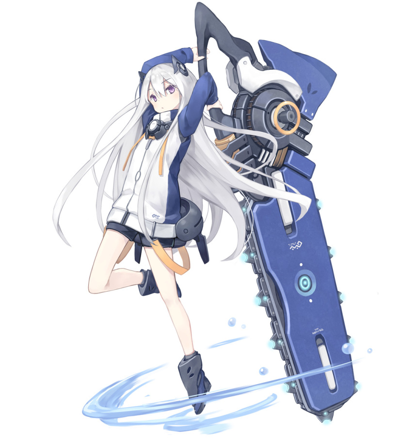 1girl arms_up bangs black_shorts blue_footwear blush boots chainsaw closed_mouth commentary_request eyebrows_visible_through_hair hair_between_eyes headgear highres holding holding_weapon huge_weapon jacket long_hair long_sleeves original poco_(asahi_age) short_shorts shorts silver_hair simple_background solo standing standing_on_one_leg very_long_hair violet_eyes water weapon white_background white_jacket