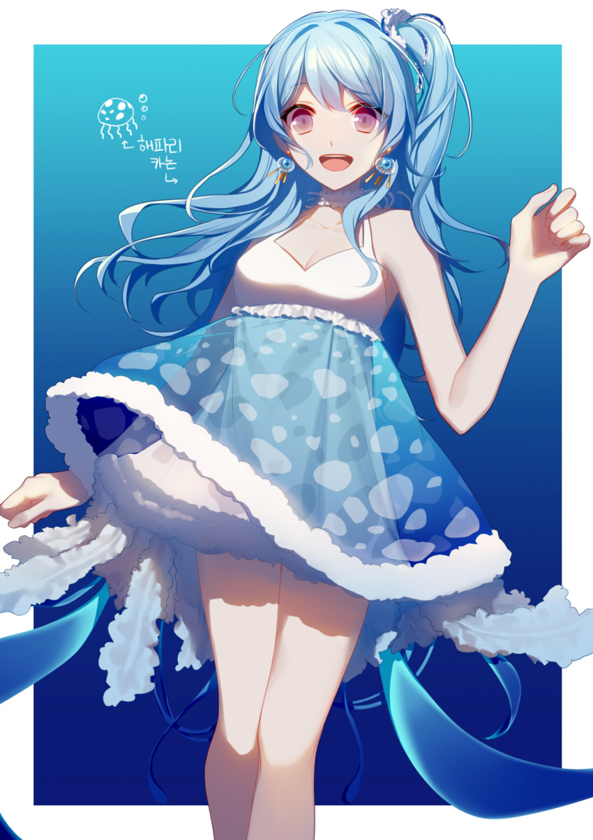 1girl :d asd13 bang_dream! bangs blue_background blue_hair border breasts choker cleavage collarbone dress earrings hair_ornament hand_up highres jellyfish jewelry korean long_hair looking_at_viewer matsubara_kanon one_side_up open_mouth round_teeth smile solo teeth translation_request upper_teeth violet_eyes white_border white_choker