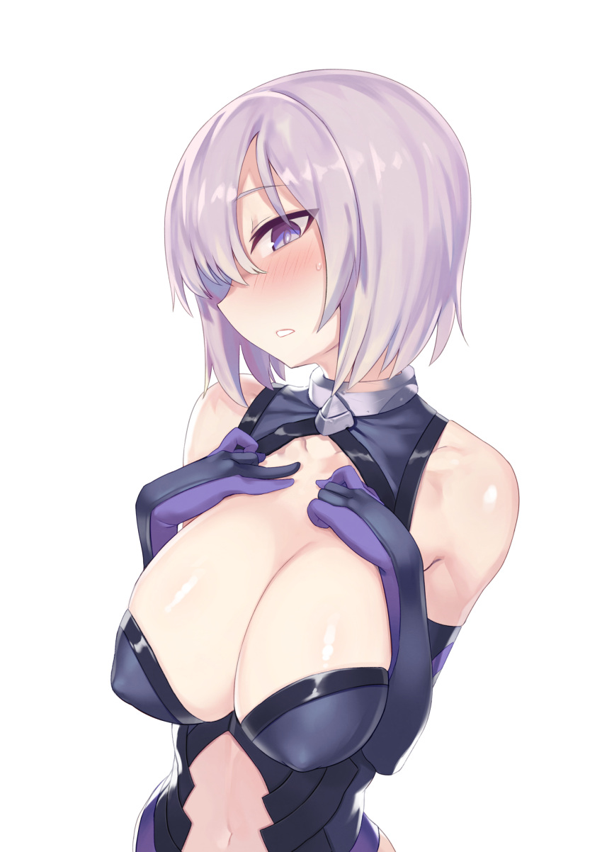 1girl blush breast_suppress breasts bright_pupils center_opening cleavage_cutout elbow_gloves erect_nipples fate/grand_order fate_(series) gloves hair_over_one_eye hands_on_own_chest highres huge_breasts kylin lavender_hair leotard mash_kyrielight navel parted_lips sagging_breasts simple_background solo sweatdrop violet_eyes white_background