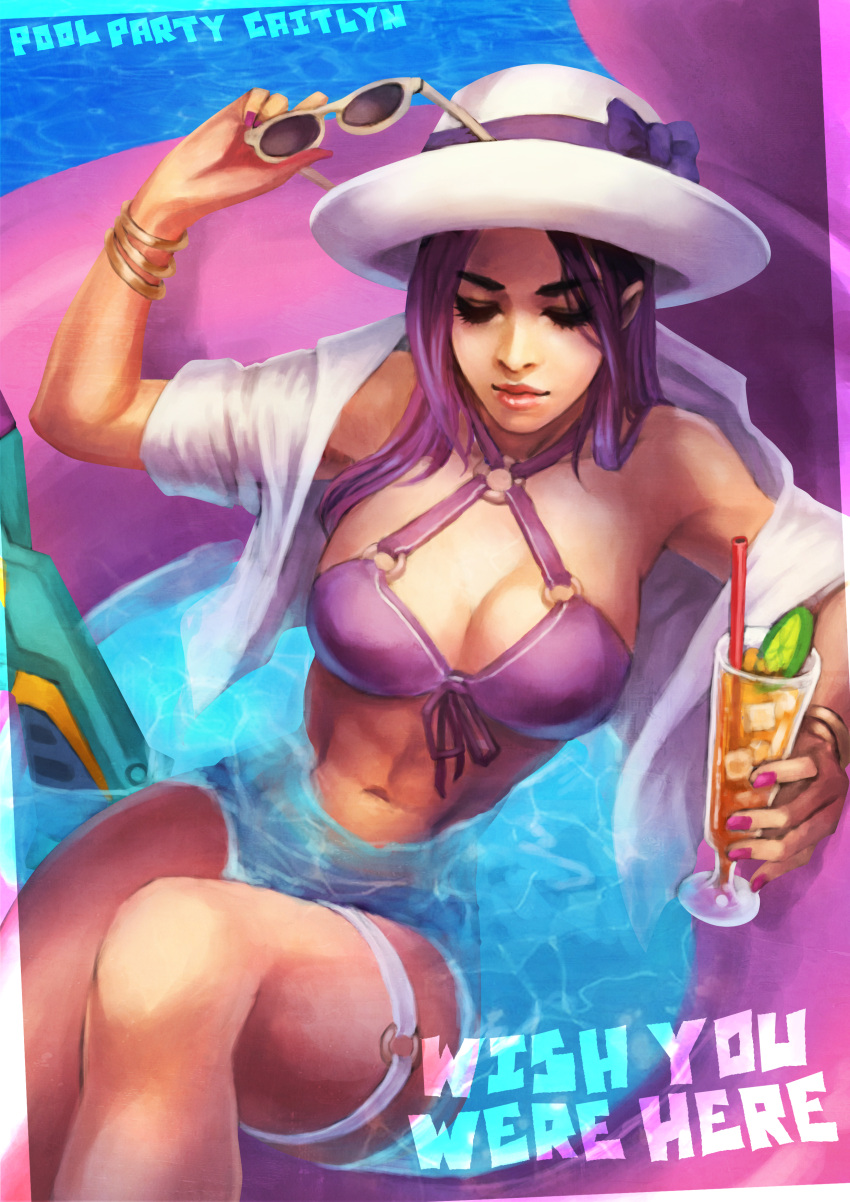 1girl absurdres alternate_costume alternate_hair_color bangle bracelet breasts caitlyn_(league_of_legends) cleavage closed_eyes cocktail commentary english_commentary eyewear_removed floating front-tie_bikini front-tie_top hat highres innertube jewelry league_of_legends lips long_hair medium_breasts navel o-ring o-ring_bikini o-ring_swimsuit open_clothes open_shirt partially_submerged pool pool_party_caitlyn purple_hair solo stomach sun_hat sunglasses swimsuit thigh_strap toned wish_you_were_here