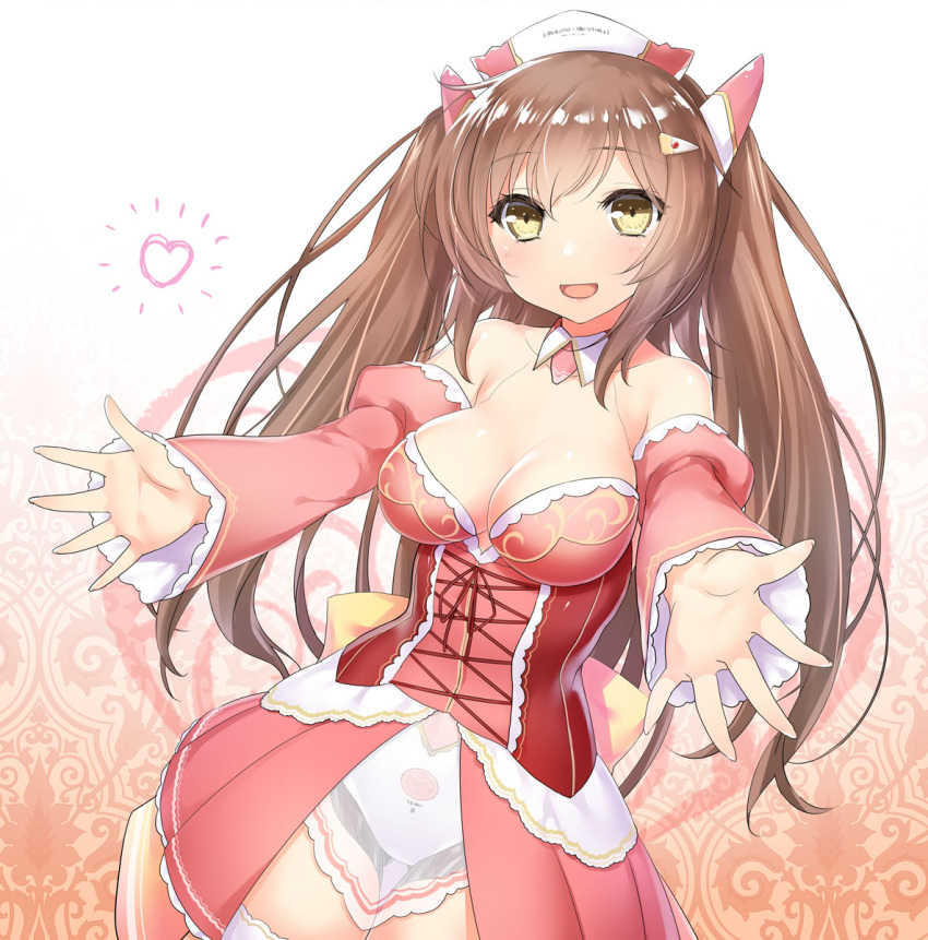 1girl 47agdragon :d bangs blush breasts brown_hair commentary_request cowboy_shot detached_collar detached_sleeves eyebrows_visible_through_hair headgear heart highres large_breasts long_hair looking_at_viewer open_mouth original outstretched_arms pink_skirt robot_ears skirt smile solo standing thigh_gap underbust virtual_youtuber yellow_eyes yui_maidroid