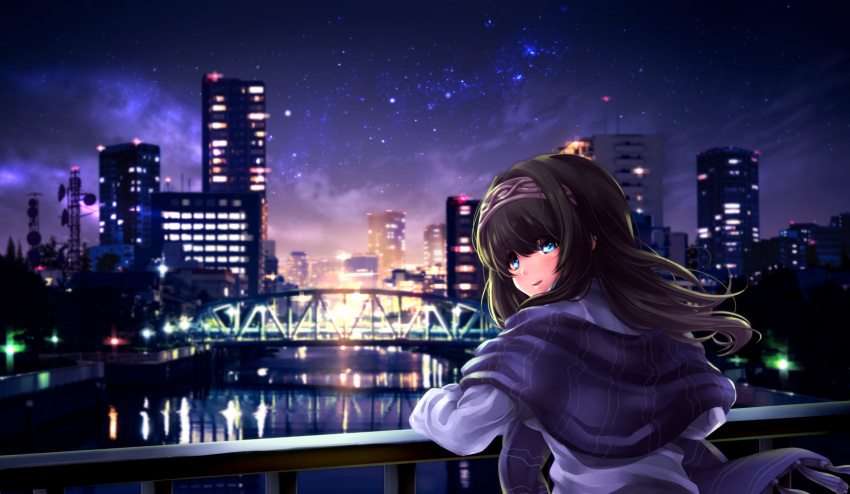 1girl black_hair blue_eyes blush bridge city cityscape commentary_request from_behind highres idolmaster idolmaster_cinderella_girls light_smile long_hair looking_at_viewer looking_back night night_sky parted_lips railing reflection sagisawa_fumika sky solo star_(sky) starry_sky tdnd-96 water