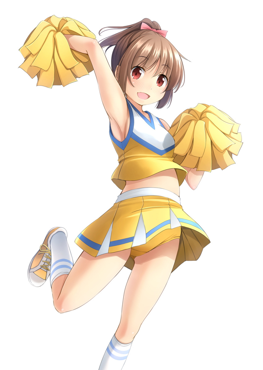 1girl :d arm_up armpits bare_shoulders blush bow breasts brown_hair buruma cheerleader crotch_seam gluteal_fold hair_bow high_ponytail highres leg_up looking_at_viewer midriff open_mouth original pleated_skirt ponytail red_eyes shibacha shirt shoes sidelocks simple_background skirt sleeveless sleeveless_shirt small_breasts smile sneakers socks solo standing standing_on_one_leg