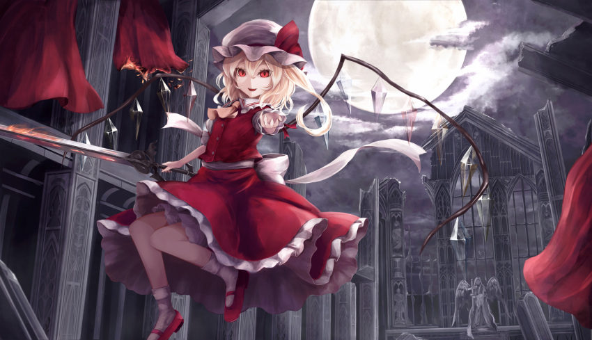 dress fangs flandre_scarlet floating hat highres holding holding_sword holding_weapon looking_at_viewer mob_cap moon moose_(moosu193) night night_sky reaching_out red_dress red_eyes ruins short_hair sky sword touhou weapon wings
