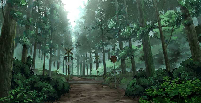 bush commentary_request dappled_sunlight day forest highres hitoshi_(mokafukutv) nature no_humans original outdoors path railroad_crossing road road_sign scenery sign sunlight tree