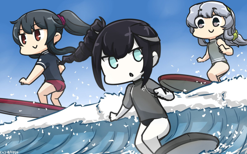 3girls alternate_costume ancient_destroyer_oni black_hair blue_eyes commentary_request dated day drill_hair eyebrows_visible_through_hair hamu_koutarou highres kantai_collection long_hair multiple_girls ocean parted_lips ponytail red_eyes shinkaisei-kan silver_hair smile surfboard surfing violet_eyes waves white_skin yahagi_(kantai_collection) yamagumo_(kantai_collection)