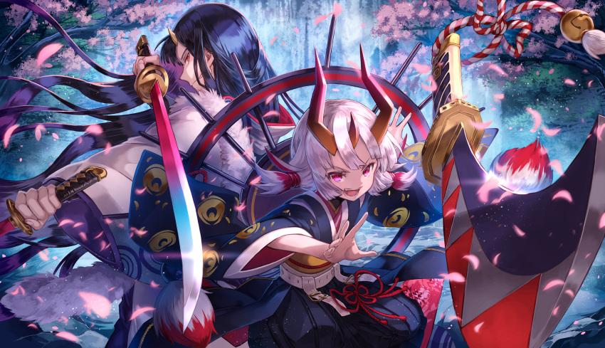 :d black_hair black_kimono character_request cherry_blossoms dual_wielding fang forest fur_trim highres holding holding_sword holding_weapon horn japanese_clothes katana kimono looking_back merc_storia mito_itsuki nature open_mouth outdoors outstretched_arms red_eyes short_hair short_twintails silver_hair smile sword twintails weapon white_kimono