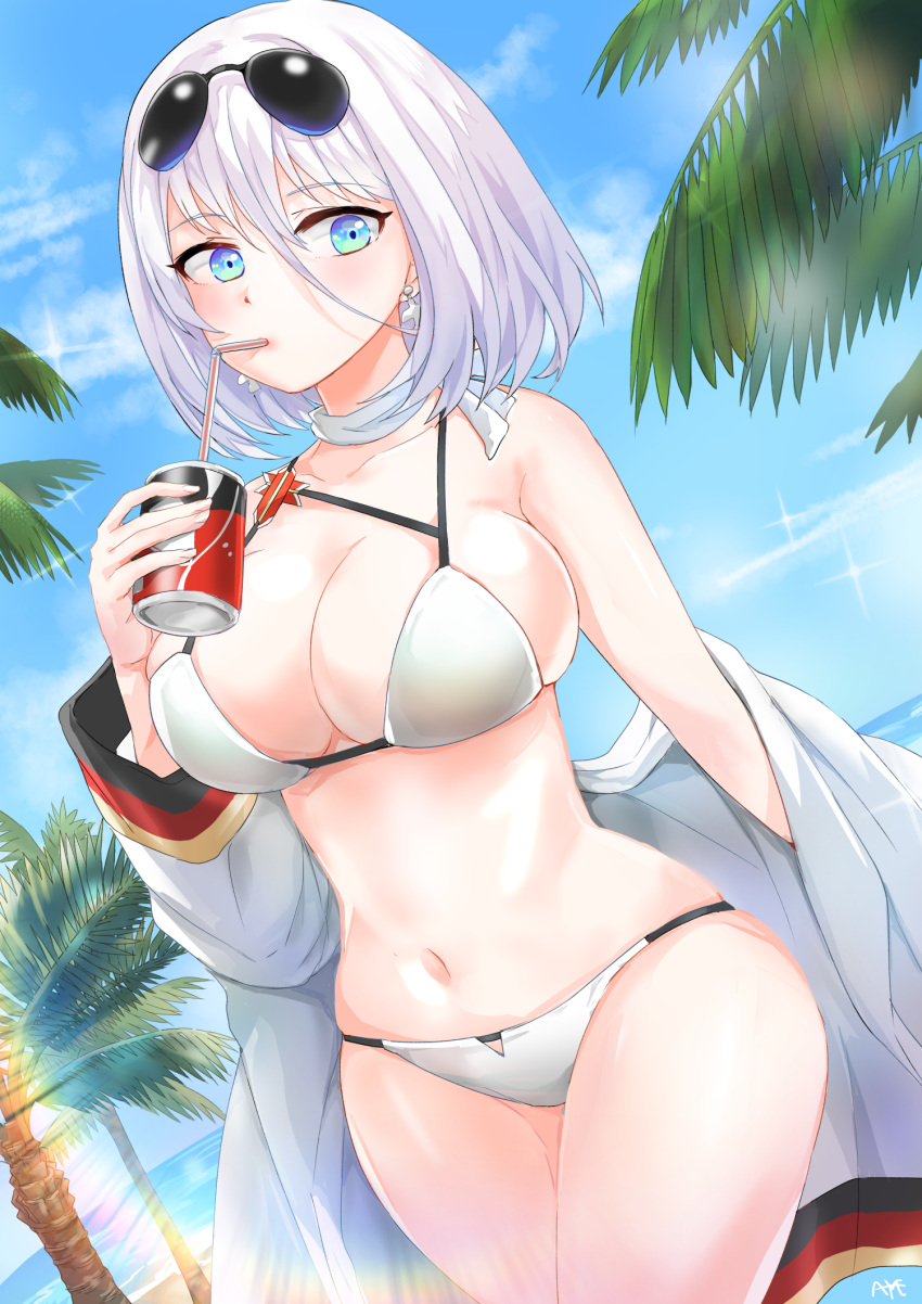1girl alternate_costume armpits aye azur_lane baggy_clothes bangs beach bikini blue_eyes blue_sky breasts can cleavage clouds coat collarbone cowboy_shot cross cross_earrings day drinking earrings eyewear_on_head eyewear_removed groin hair_between_eyes hand_on_eyewear hand_on_hip highres holding holding_can holding_eyewear jewelry large_breasts looking_at_viewer mouth_hold navel ocean outdoors palm_tree parted_lips scarf short_hair sidelocks signature silver_hair skindentation sky solo sparkle stomach sunglasses sunlight swimsuit thighs tirpitz_(azur_lane) tree walking white_bikini white_coat white_scarf