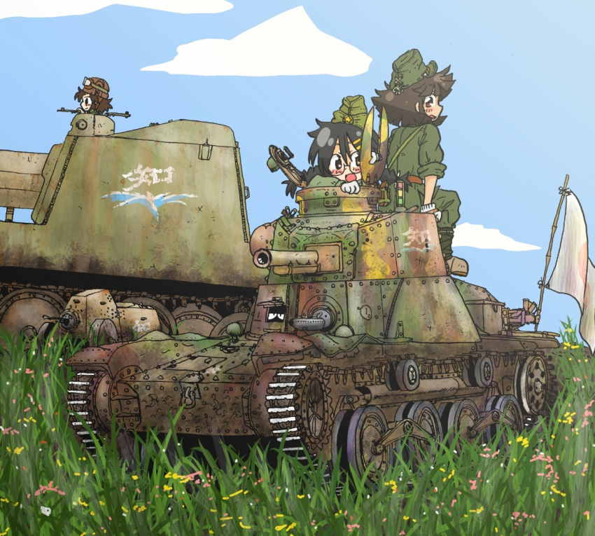 3girls black_hair brown_eyes brown_hair caterpillar_tracks clouds day doden_3-shiki flag girls_und_panzer glasses grass ground_vehicle imperial_japanese_army imperial_japanese_navy military military_vehicle motor_vehicle multiple_girls nib_pen_(medium) self-propelled_gun short_hair sky smile tank traditional_media twintails type_4_ke-nu