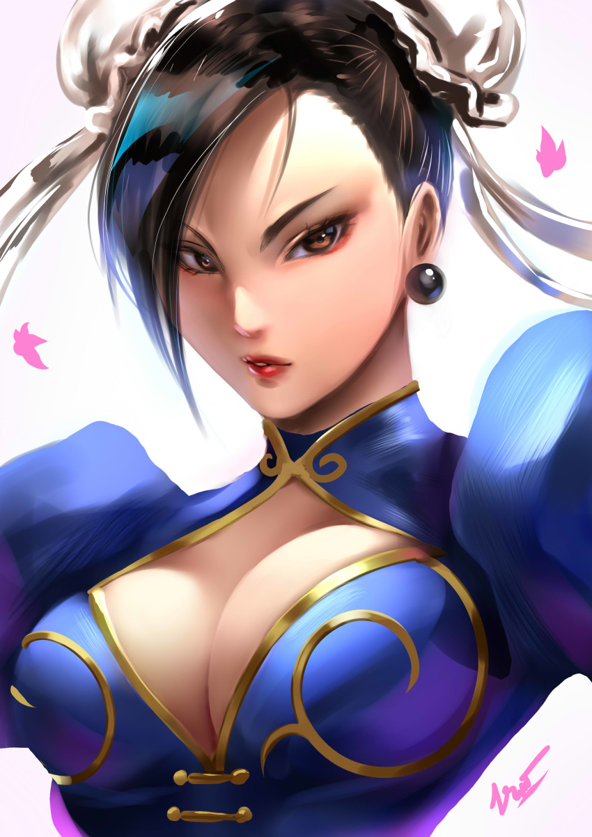 1girl absurdres bangs blue_dress breasts brown_eyes brown_hair bun_cover capcom china_dress chinese_clothes chun-li cleavage cleavage_cutout commentary double_bun dress earrings english_commentary eyeshadow highres jewelry large_breasts looking_at_viewer makeup parted_lips puffy_short_sleeves puffy_sleeves red_lips short_sleeves street_fighter yuuko_takega