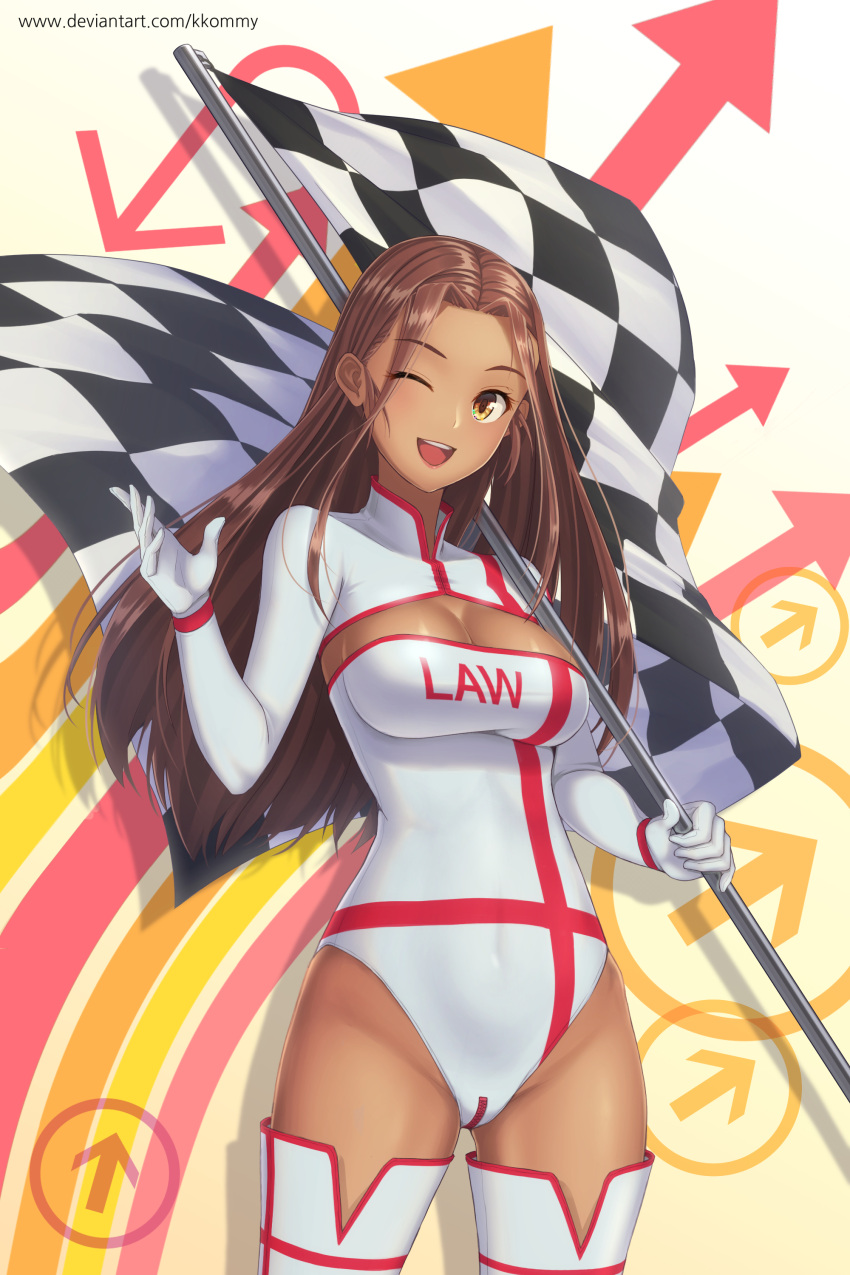 1girl absurdres boots breasts brown_hair checkered checkered_flag ciara cleavage clothes_writing covered_navel dark_skin eyebrows_visible_through_hair flag highres holding holding_flag idol kkommy large_breasts leotard long_hair mascot masharu-law one_eye_closed open_mouth racequeen solo standing upper_body yellow_eyes zipper