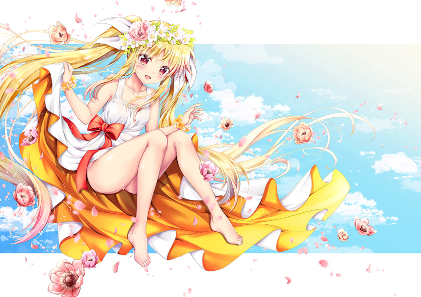 1girl :d bangs bare_arms bare_legs bare_shoulders barefoot blonde_hair blue_sky blush bottomless bow clouds collarbone commentary_request dress eyebrows_visible_through_hair fate_testarossa floating_hair flower flower_bracelet flower_wreath full_body geko gradient_hair hair_between_eyes hair_flower hair_ornament hair_ribbon hand_up long_dress long_hair looking_at_viewer lyrical_nanoha mahou_shoujo_lyrical_nanoha multicolored_hair no_panties open_mouth orange_dress orange_flower petals pink_flower pink_hair red_bow red_eyes red_flower ribbon shiny shiny_hair sidelocks skirt_hold sky sleeveless sleeveless_dress smile solo twintails very_long_hair white_dress white_flower white_ribbon wind