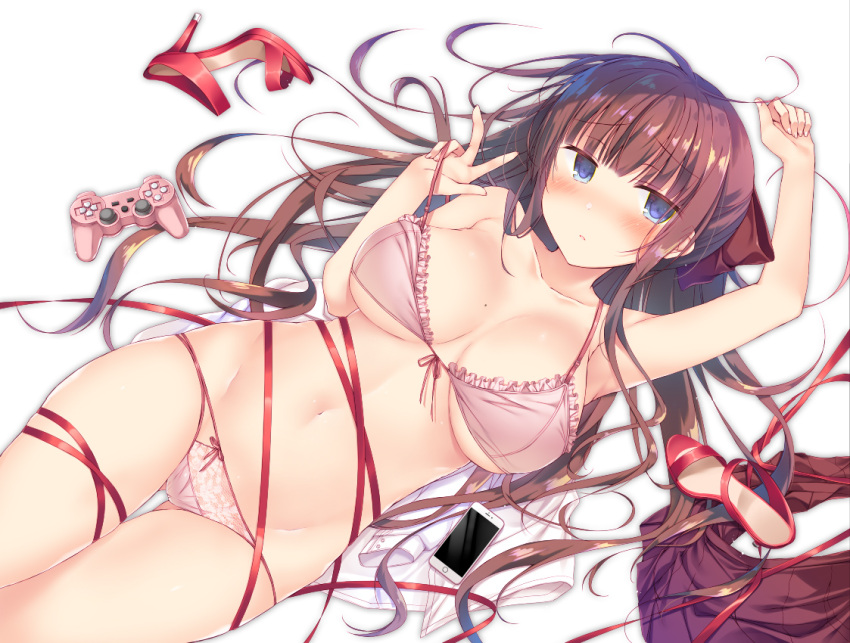 1girl arm_up bangs bare_arms bare_shoulders blue_eyes blush bow bow_panties bra breasts brown_bow brown_hair brown_skirt cellphone commentary_request controller eyebrows_visible_through_hair fingernails game_controller gluteal_fold hair_bow high_heels hirari large_breasts long_hair looking_at_viewer lying mole mole_on_breast navel new_game! nose_blush on_back panties parted_lips phone pink_bra pink_panties pleated_skirt pulled_by_self red_footwear shirt shirt_removed shoes shoes_removed skirt skirt_removed solo strap_pull takimoto_hifumi thigh_gap underwear underwear_only very_long_hair white_background white_shirt