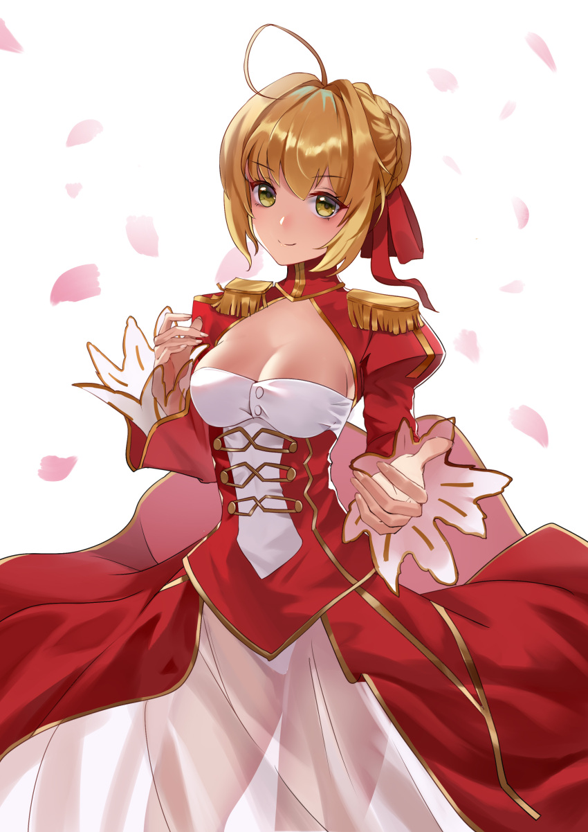 1girl absurdres ahoge blonde_hair bow breasts cecilia_(oshigoto_boshuuchuu) cleavage closed_mouth cowboy_shot dress epaulettes fate/extra fate_(series) green_eyes hair_bow hair_bun hair_intakes highres leotard looking_at_viewer medium_breasts nero_claudius_(fate) nero_claudius_(fate)_(all) outstretched_hand petals pixiv_fate/grand_order_contest_1 red_bow red_dress see-through short_hair simple_background smile solo standing white_background white_leotard