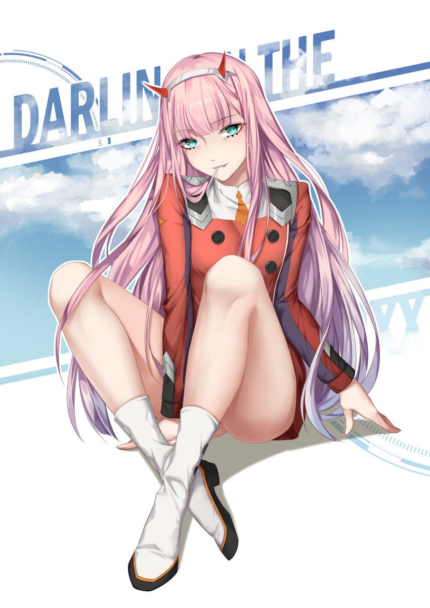 1girl absurdres ajio_(pixiv7718798) bangs between_legs blunt_bangs boots copyright_name darling_in_the_franxx dress eyebrows_visible_through_hair floating_hair full_body green_eyes grey_hairband hairband hand_between_legs highres horns long_hair pink_hair red_dress short_dress solo very_long_hair white_footwear zero_two_(darling_in_the_franxx)