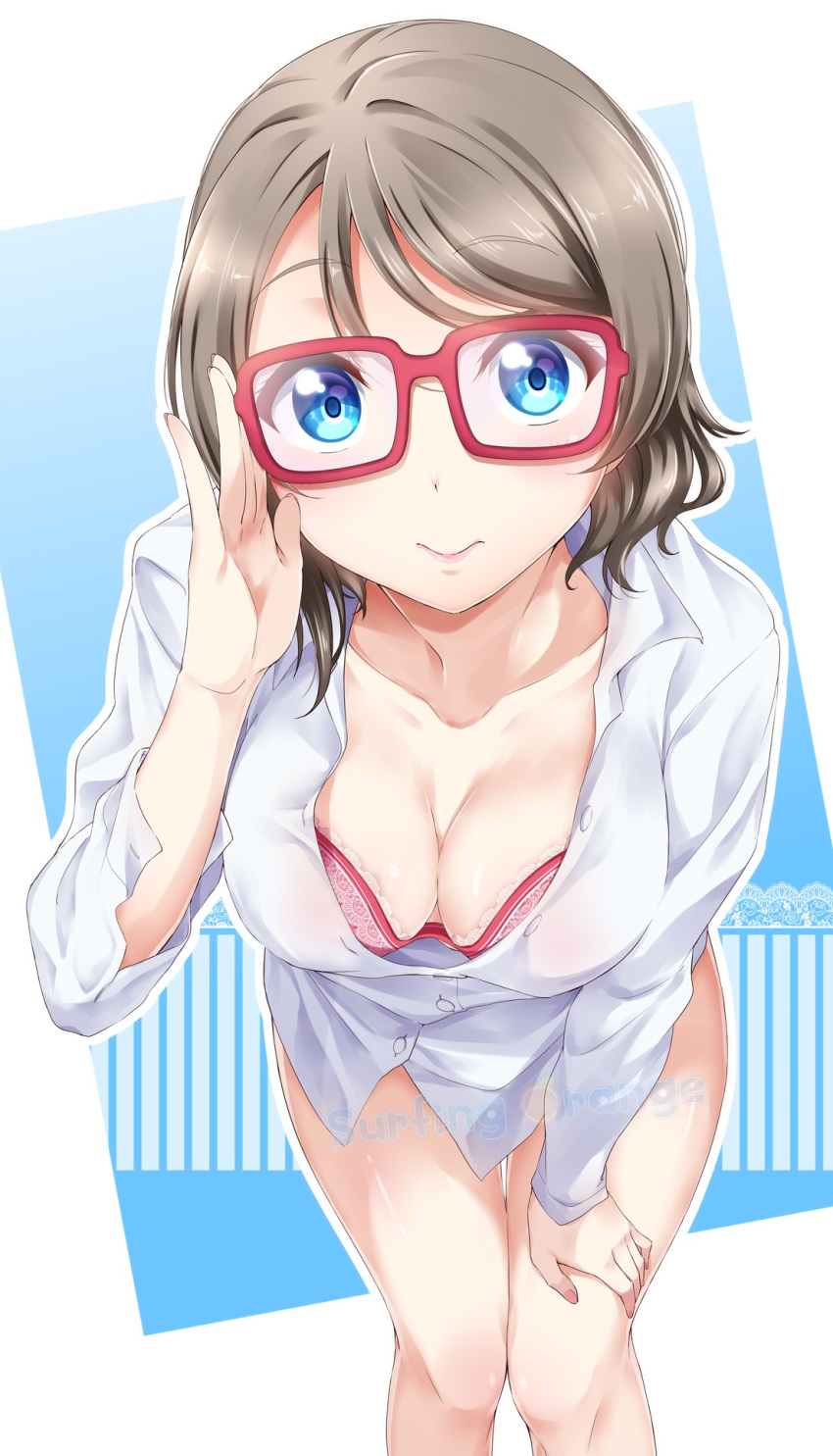1girl adjusting_eyewear artist_name blue_eyes bra breasts cleavage commentary eyebrows_visible_through_hair glasses grey_hair highres large_breasts long_sleeves looking_at_viewer love_live! love_live!_sunshine!! no_pants partially_unbuttoned red-framed_eyewear red_bra shirt short_hair solo surfing_orange underwear watanabe_you watermark white_shirt