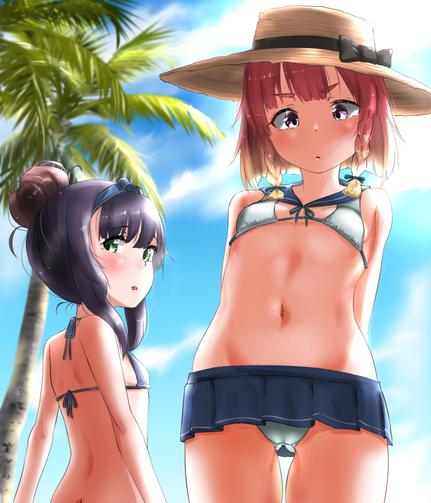 2girls bikini blonde_hair blue_bikini blue_skirt blue_sky blush breasts closed_mouth clouds cloudy_sky etorofu_(kantai_collection) eyebrows_visible_through_hair gluteal_fold green_eyes hair_between_eyes hair_ornament hat highres kantai_collection long_hair looking_at_viewer looking_down matsuwa_(kantai_collection) medium_hair miniskirt multicolored_hair multiple_girls navel open_mouth palm_tree purple_hair redhead school_uniform serafuku skirt sky small_breasts straw_hat swimsuit tama_(seiga46239239) tree violet_eyes white_bikini