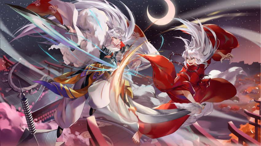 2boys animal_ears brothers crescent_moon detached_sleeves facial_mark fang fighting floating_hair fox_ears highres holding holding_sword holding_weapon inuyasha inuyasha_(character) japanese_clothes jiji_(pixiv10646874) kimono long_hair moon multiple_boys open_mouth outdoors pants red_kimono sesshoumaru siblings silver_hair sky star_(sky) starry_sky sword very_long_hair weapon white_pants yellow_eyes