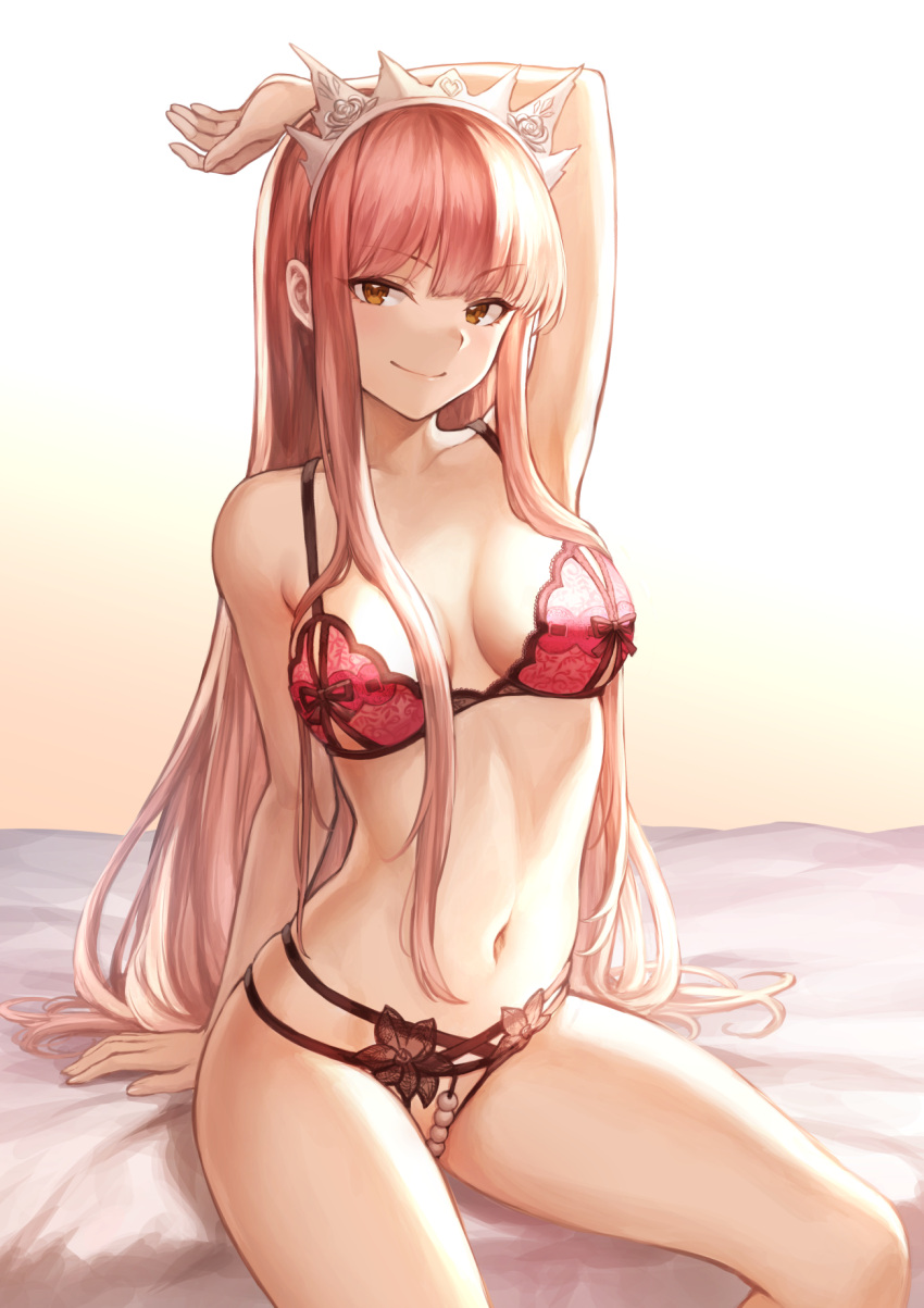 1girl arched_back arm_support arm_up bangs bare_arms bed_sheet blunt_bangs blush bra breasts closed_mouth collarbone commentary_request crotchless_panties eyebrows_visible_through_hair fate/grand_order fate_(series) gradient gradient_background hair_between_eyes highres hips lingerie lips long_hair looking_at_viewer mashu_003 medb_(fate/grand_order) medium_breasts multi-strapped_panties navel on_bed panties pink_bra pink_hair sidelocks sitting smile solo thighs tiara underwear underwear_only waist yellow_eyes