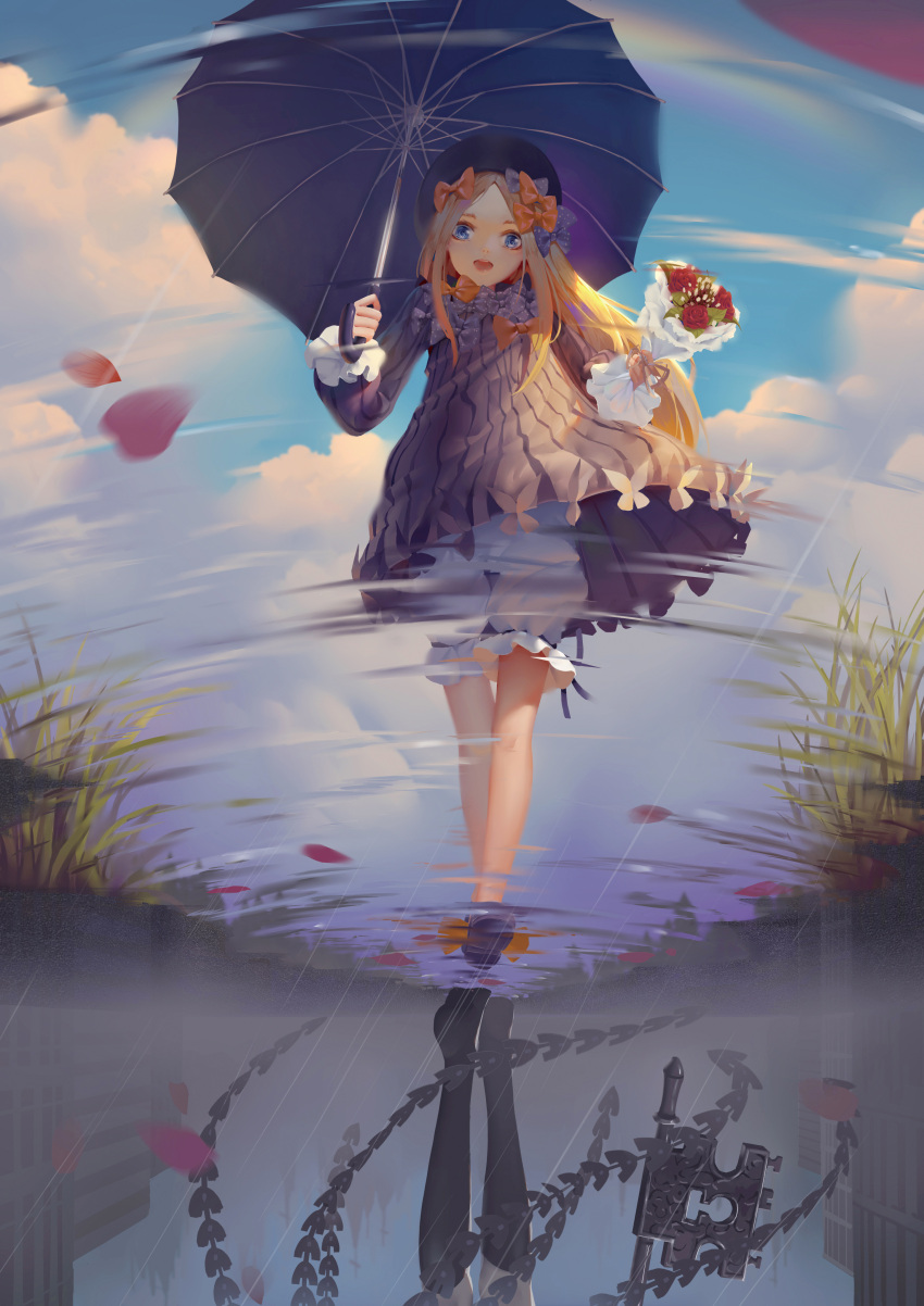 1girl :d abigail_williams_(fate/grand_order) absurdres bangs black_bow black_dress black_footwear black_hat black_umbrella blonde_hair bloomers blue_eyes blue_sky blush bouquet bow bug butterfly clouds cloudy_sky commentary_request day different_reflection dress fate/grand_order fate_(series) flower forehead hair_bow hat highres holding holding_bouquet holding_umbrella insect long_hair long_sleeves looking_at_viewer no_socks object_hug open_mouth orange_bow outdoors parted_bangs pekakiu petals polka_dot polka_dot_bow puddle red_flower red_rose reflection rose round_teeth shoe_soles shoes sky sleeves_past_wrists smile solo stuffed_animal stuffed_toy teddy_bear teeth umbrella underwear upper_teeth very_long_hair walking water white_bloomers