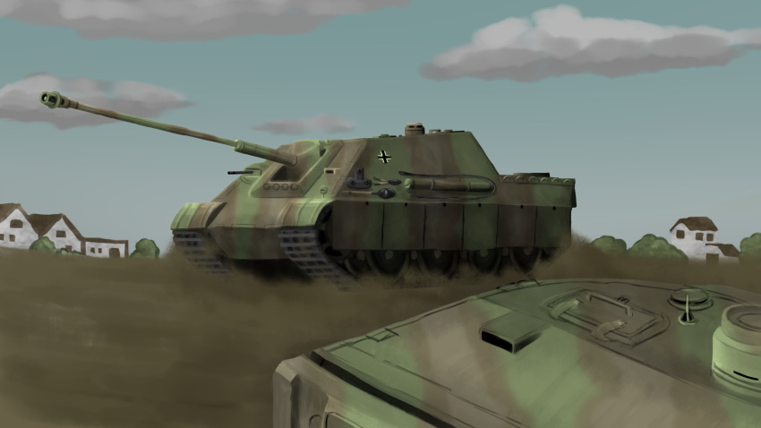 artist_request caterpillar_tracks clouds day ground_vehicle highres house jagdpanther military military_vehicle motor_vehicle no_humans original sky tank tank_destroyer