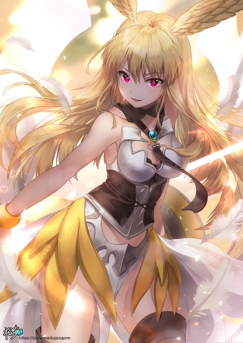 1girl absurdres angel angel_wings animal_ears blonde_hair boots bracelet commentary_request cowboy_shot energy_wings fate/grand_order fate_(series) head_wings highres jewelry long_hair looking_at_viewer shield solo thigh-highs thigh_boots thrud_(fate/grand_order) valkyrie valkyrie_(fate/grand_order) wings