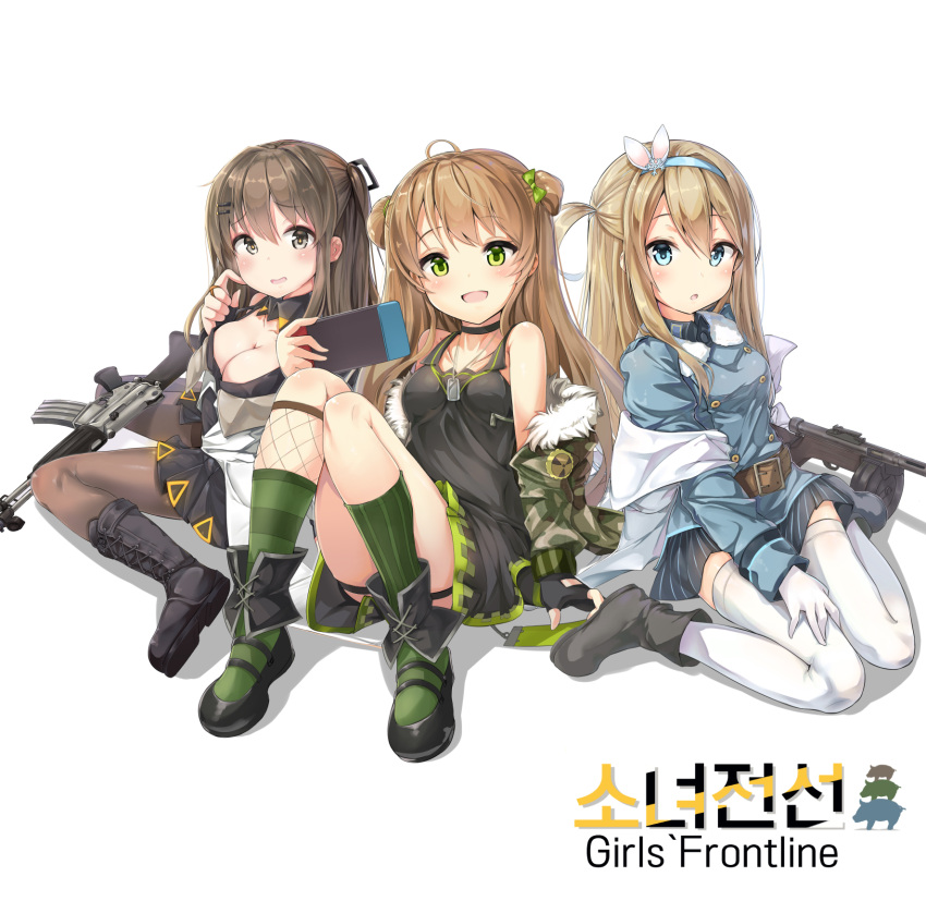 3girls :d :o ahoge assault_rifle asymmetrical_legwear bangs bare_shoulders belt black_dress black_footwear black_gloves blonde_hair blue_coat blue_eyes blush boots bow breasts brown_eyes brown_hair buckle camouflage_jacket choker cleavage coat collarbone collared_coat copyright_name cross-laced_footwear daewoo_k2 dog_tags double_bun dress drum_magazine eyebrows_visible_through_hair fingerless_gloves fishnet_legwear fishnets frown fur-trimmed_jacket fur_trim girl_sandwich girls_frontline gloves green_eyes green_legwear grey_footwear gun hair_between_eyes hair_bow hair_ornament hairband hairclip handheld_game_console highres holding_handheld_game_console horizontal-striped_legwear jacket k-2_(girls_frontline) knee_boots knees_up lace-up_boots large_breasts long_hair looking_at_viewer medium_breasts military military_uniform multiple_girls navel off_shoulder ohshit open_mouth panties pantyhose rfb_(girls_frontline) rifle sandwiched scratching_cheek shirt short_dress sidelocks simple_background sitting skirt smile snowflake_hair_ornament striped striped_legwear submachine_gun suomi_kp/-31 suomi_kp31_(girls_frontline) thigh-highs thigh_strap thighs underwear uniform vertical-striped_legwear vertical_stripes wariza weapon white_background white_legwear
