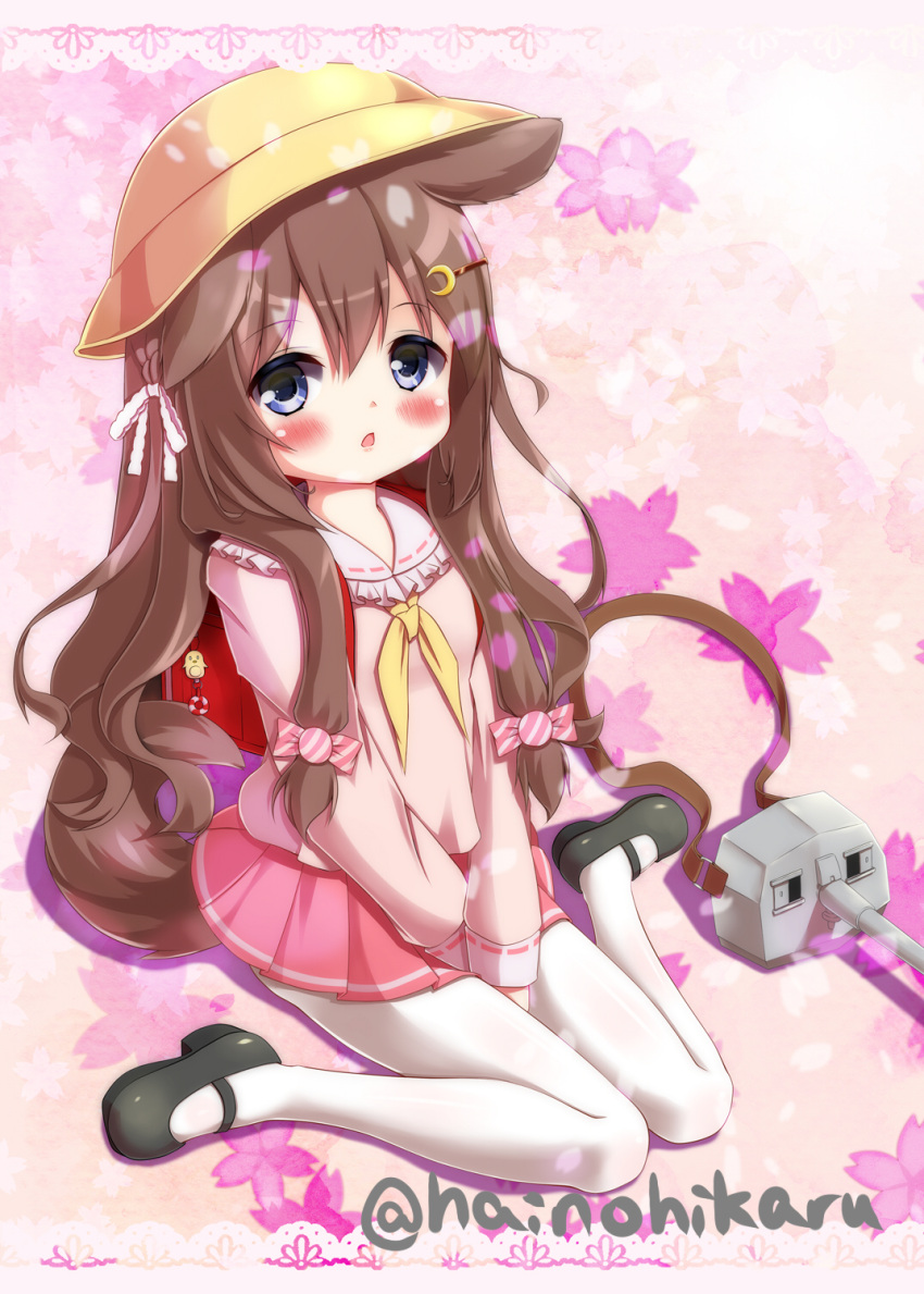 1girl animal_ears azur_lane backpack bag bag_charm between_legs black_footwear blue_eyes blush bow brown_hair cannon charm_(object) crescent crescent_hair_ornament diagonal_stripes dog_ears dog_girl dog_tail frilled_sailor_collar frills fumizuki_(azur_lane) hair_bow hair_ornament hairclip hand_between_legs hat highres hikaru6382 kindergarten_uniform long_hair long_sleeves looking_at_viewer mary_janes neckerchief pantyhose parted_lips pink_bow pink_shirt pink_skirt pleated_skirt randoseru sailor_collar school_hat shirt shoes sidelocks sitting skirt solo striped tail twitter_username very_long_hair wariza white_legwear white_sailor_collar yellow_hat yellow_neckwear