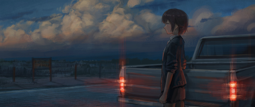 .kitsuna 1girl brown_eyes brown_hair closed_mouth clouds cloudy_sky collared_shirt commentary_request evening from_side ground_vehicle highres miniskirt motor_vehicle original outdoors profile scenery shirt short_hair skirt sky sleeves_pushed_up solo standing truck white_shirt wing_collar