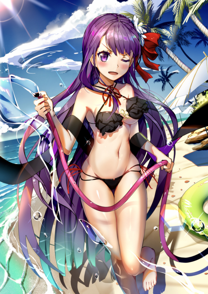1girl absurdres aqua_hair barefoot bb_(fate/extra_ccc) beach bikini black_bikini blue_sky blush breasts cleavage clouds day fate/extra fate/extra_ccc fate_(series) floating_hair gradient_hair halterneck highres holding innertube leg_up long_hair lu" medium_breasts multicolored_hair ocean one_eye_closed open_mouth outdoors palm_tree parasol purple_hair sideboob sky solo standing standing_on_one_leg sunlight swimsuit tree two-tone_background umbrella under_boob very_long_hair violet_eyes