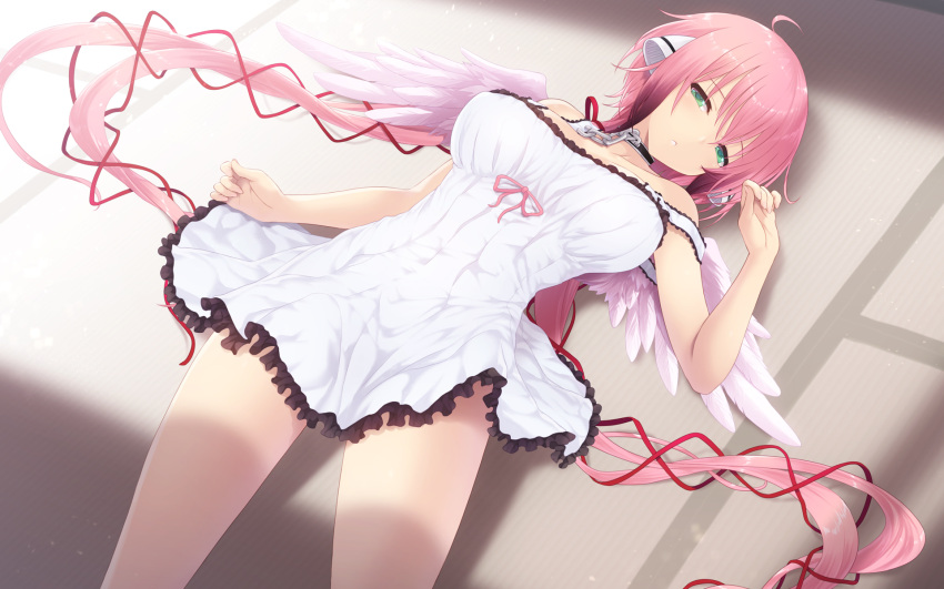 1girl ahoge angel_wings aqua_eyes blush breasts cait chains collar cowboy_shot dress dutch_angle feathered_wings frilled_dress frills green_eyes highres ikaros large_breasts long_hair looking_at_viewer lying on_back parted_lips pink_hair ribbon sleeveless sleeveless_dress solo sora_no_otoshimono strap_slip tatami twintails very_long_hair white_dress white_wings wings