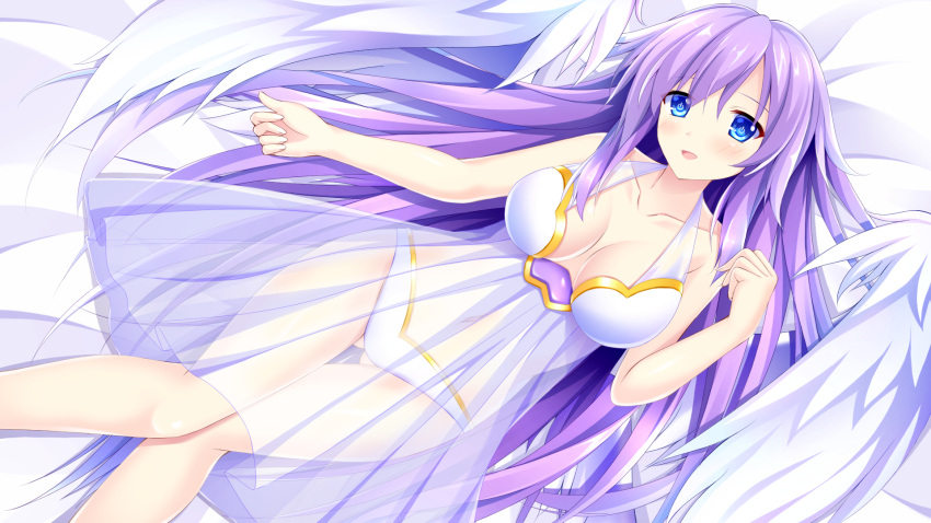 1girl :d bare_shoulders blue_eyes blush breasts cleavage collarbone commentary_request dress feathered_wings highres hips kludea long_hair looking_at_viewer lying medium_breasts navel neptune_(series) on_back open_mouth power_symbol purple_hair purple_heart see-through smile solo symbol-shaped_pupils thigh_gap very_long_hair white_dress wings