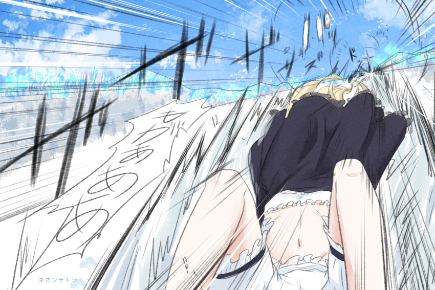 1girl abigail_williams_(fate/grand_order) black_dress blonde_hair bloomers blue_sky bra clouds commentary_request day dress dutch_angle fate/grand_order fate_(series) flat_chest highres long_hair long_sleeves lying navel neon-tetora on_back outdoors sky sleeves_past_fingers sleeves_past_wrists sliding solo speed_lines underwear white_bloomers white_bra