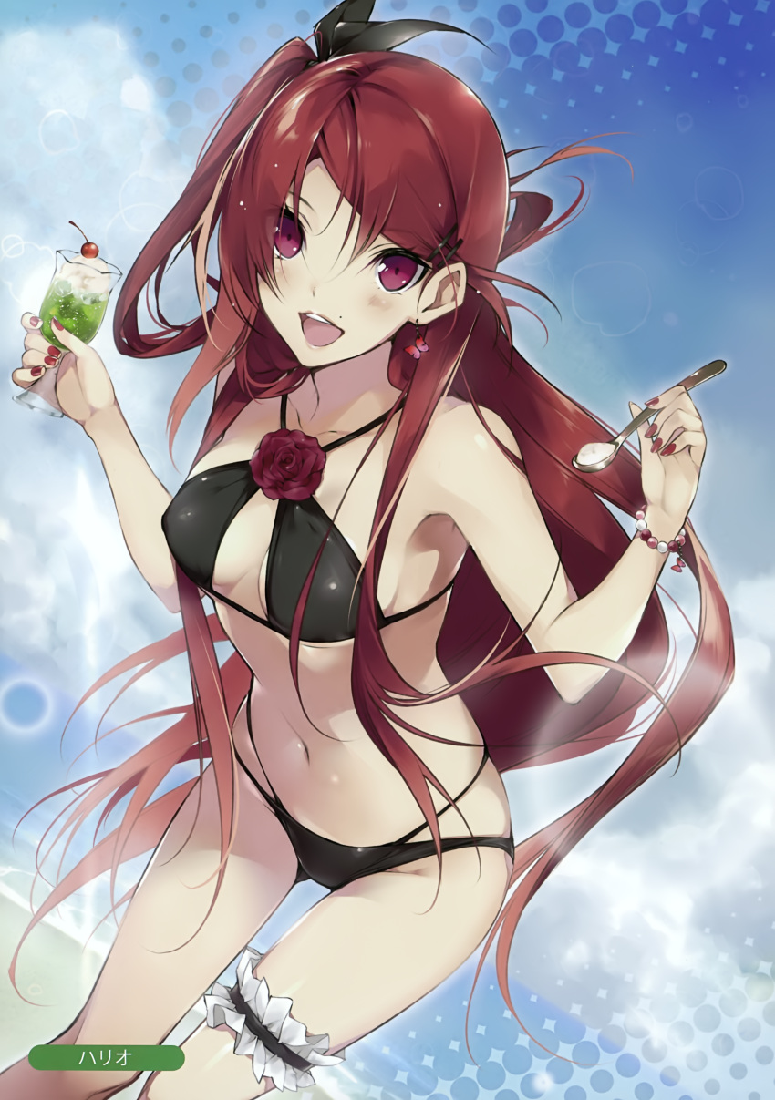 1girl absurdres artist_name bikini food hario_4 highres long_hair melonbooks open_mouth scan smile solo spoon swimsuit