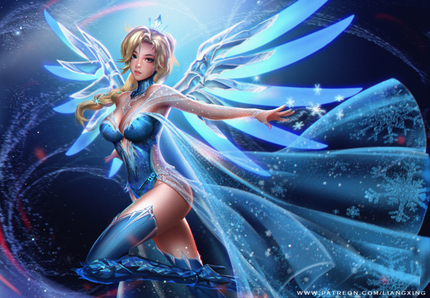 1girl blonde_hair blue_eyes boots breasts cleavage crown dress high_heel_boots high_heels ice ice_wings large_breasts liang_xing mercy_(overwatch) overwatch snowflakes tagme thigh-highs wings zettai_ryouiki