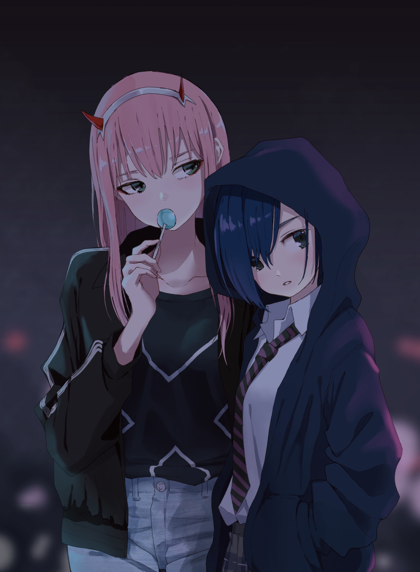 2girls absurdres black_jacket black_shirt blue_jacket blue_shorts brown_eyes brown_skirt candy collarbone darling_in_the_franxx food grey_hairband grey_pants hairband hand_in_pocket hasisisissy head_tilt highres hood hooded_jacket horns ichigo_(darling_in_the_franxx) jacket lollipop long_hair looking_to_the_side multiple_girls necktie night open_clothes open_jacket outdoors pants parted_lips pink_hair pleated_skirt shirt short_hair shorts skirt striped_neckwear white_shirt zero_two_(darling_in_the_franxx)