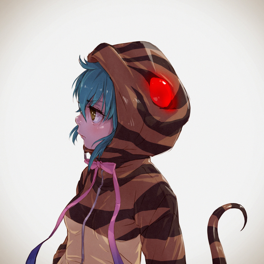 1girl bangs blue_hair breasts bright_pupils brown_eyes closed_mouth eyebrows_visible_through_hair frown hair_between_eyes henohenomomiji highres hood hood_up kemono_friends nose pink_ribbon profile ribbon short_hair small_breasts snake_tail solo striped_tail tail tail_raised tsuchinoko_(kemono_friends) upper_body white_pupils