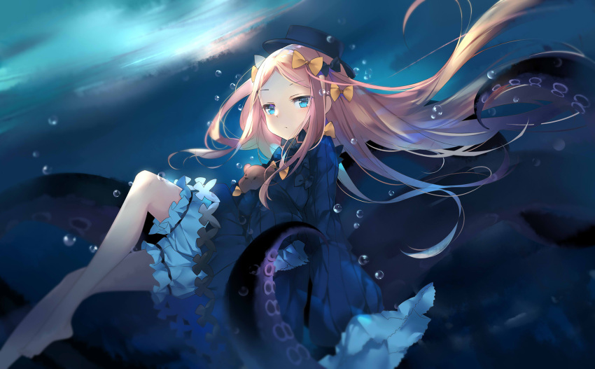 1girl abigail_williams_(fate/grand_order) air_bubble bangs black_bow black_dress black_hat blonde_hair bloomers blue_eyes blush bow bubble bug butterfly commentary dress eyebrows_visible_through_hair fate/grand_order fate_(series) forehead hair_bow hat highres insect kikistark long_hair long_sleeves looking_at_viewer looking_to_the_side object_hug orange_bow outdoors parted_bangs sleeves_past_fingers sleeves_past_wrists solo stuffed_animal stuffed_toy suction_cups symbol_commentary teddy_bear tentacle underwater underwear very_long_hair water white_bloomers