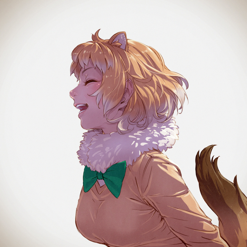 1girl :d ^_^ animal_ears black-tailed_prairie_dog_(kemono_friends) bow bowtie breasts closed_eyes closed_eyes extra_ears from_side fur_collar gradient_hair green_bow green_neckwear henohenomomiji highres kemono_friends long_sleeves medium_breasts multicolored_hair nose open_mouth orange_hair prairie_dog_ears prairie_dog_tail profile short_hair smile solo tail tail_raised teeth two-tone_hair upper_body white_hair