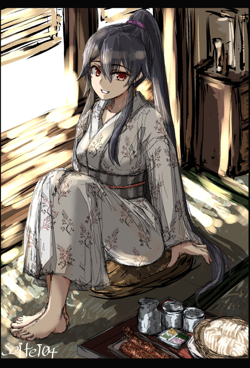 1girl alcohol black_hair blush breasts eyebrows_visible_through_hair food hair_between_eyes highres japanese_clothes kantai_collection kimono long_hair looking_at_viewer ponytail red_eyes seitei_(04seitei) sitting smile solo twitter_username very_long_hair yahagi_(kantai_collection)