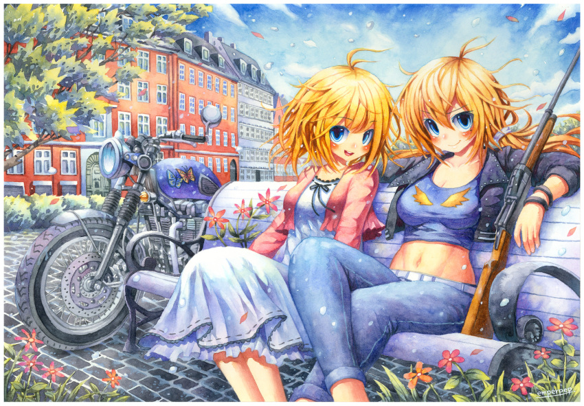 2girls ahoge artist_name bench blonde_hair blue_eyes blush breasts cleavage closed_mouth commission crop_top day denim emperpep eyebrows_visible_through_hair ground_vehicle gun jeans large_breasts long_hair looking_at_viewer motor_vehicle motorcycle multiple_girls navel original outdoors pants parted_lips signature sitting smile traditional_media watercolor_(medium) weapon