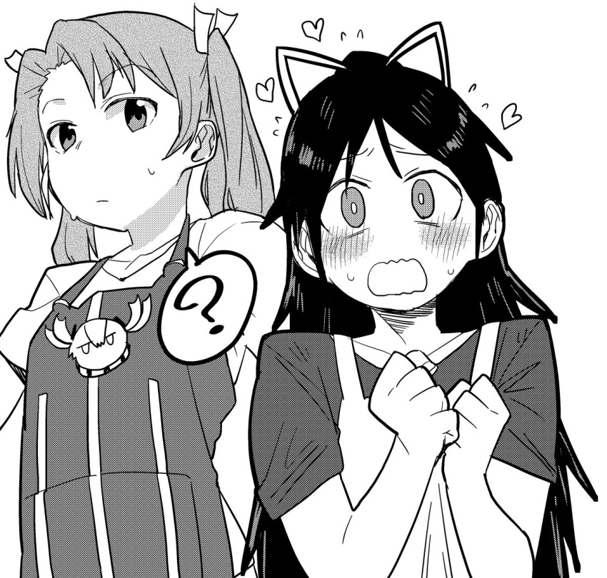 2girls ? abyssal_crane_hime apron blush closed_mouth collarbone commentary_request constricted_pupils eyebrows_visible_through_hair flying_sweatdrops greyscale hair_ribbon heart high_ponytail jitome kantai_collection katsuragi_(kantai_collection) long_hair looking_at_viewer maku-raku monochrome multiple_girls ribbon shirt short_sleeves simple_background spoken_question_mark sweat t-shirt twintails upper_body wavy_mouth white_background zuikaku_(kantai_collection)