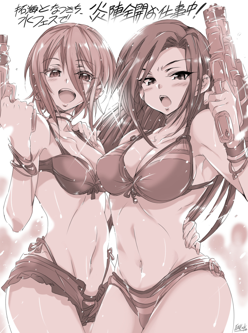 2girls alabaster_(artist) alternate_hairstyle bikini bracelet breasts cleavage commentary_request cowboy_shot hair_between_eyes hand_on_another's_hip hand_on_another's_shoulder highres idolmaster idolmaster_cinderella_girls jewelry kimura_natsuki large_breasts long_hair medium_breasts monochrome mukai_takumi multiple_girls navel open_mouth short_hair swimsuit translation_request water_gun